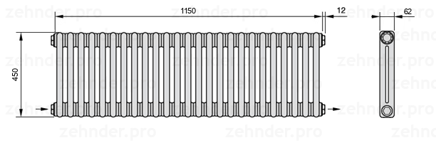 Схема (чертеж) Радиатор Zehnder Charleston 2045/25 №2670 Белый глянцевый RAL 9016